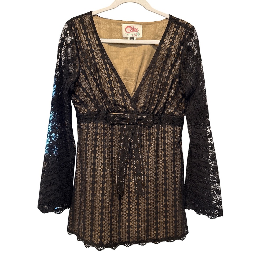 Cake Black Lace Overlay Empire Waist Bow Top Goth Y2K Dark Romance Witchy USA M